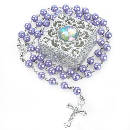 Purple Pearl-Style Rosary Necklace with Metal Gift Box, 8mm, 22 Inch - color: Purple