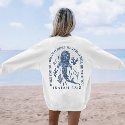 Sulayesh Christian Whale Shark Sweatshirts for Women Jesus God Bible Verse Hoodie Religious Faith Graphic Long Sleeve Shirts - color: White, size: XX-Large