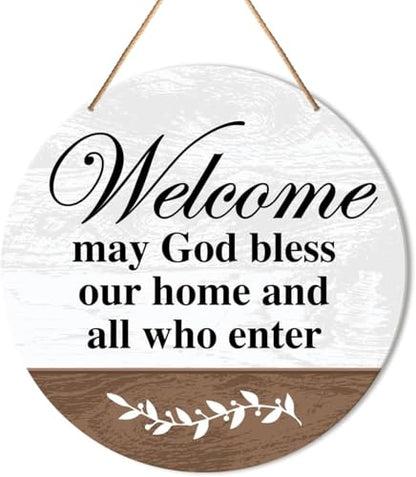 Christian Welcome Sign Front Door Decor Religious Home Welcome Hanging Sign Decor Farmhouse Wall Decorations Wood Sign for Entryway Porch May God Bless Our Home and All Who Enter Round 8x8 inch