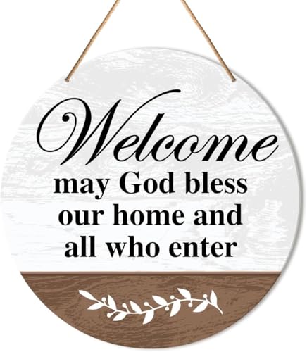 Christian Welcome Sign Front Door Decor Religious Home Welcome Hanging Sign Decor Farmhouse Wall Decorations Wood Sign for Entryway Porch May God Bless Our Home and All Who Enter Round 8x8 inch