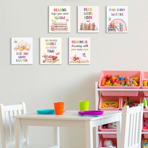 HOURIA 6Pcs Framed Classroom Reading Corner Canvas Wall Art(8"x10"),Inspirational Classroom Library Poster Wall Decor, So Many Books So Little Time Art Print for Nursery Middle School Student - color: Reading Wall Art, size: 8X10inches