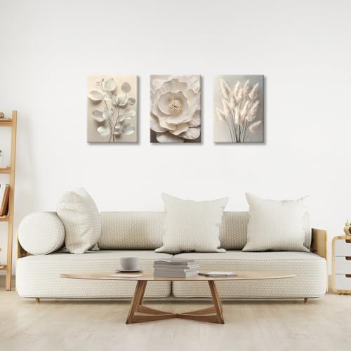 WENGTIAO 3Pcs Beige Floral Botanical Frame Canvas Wall Art 12"x16"x3 - color: Flower-White botanical, size: 12"x16"x3Pcs