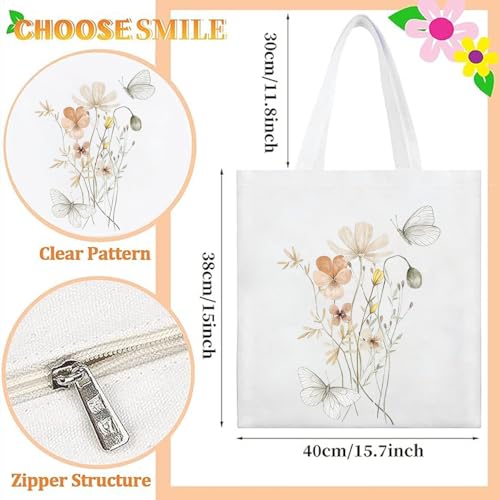 Canvas Tote Bag with Zipper Handles for Women Bridesmaid Birthday Wedding Mother Ladies Shopping Gift Bags - color: Flower-6
