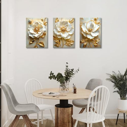 WENGTIAO Modern White Floral Golden Leaves Canvas Wall Art Set 20x28 x3Pcs - color: Flower-golden leaf, size: 20"x28"x3Pcs