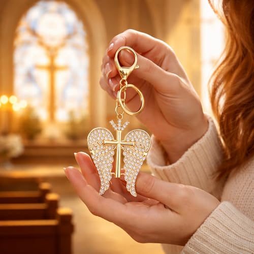 Luxury Religious Keychain, Rhinestone Christian Cross, Angel Wings Cross Keychains for Car, Bag, Key Accessories - color: Angel Wings Cross Keychain