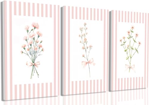 DAXINGJ Pink Botanical Wall Decor Set of 3, Preppy Canvas Art with Bows - color: pink flowers, size: 16"L x 12"W