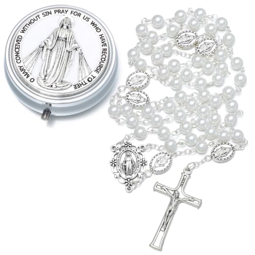 KOMI 6mm Glass Pearl Rosary Beads Catholic for Women with Metal Rosary Box Religious Gifts - style: Virgn Mary-white