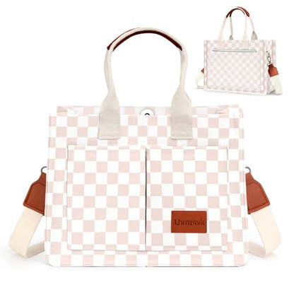 LHMTQVK Canvas Tote Bag for Women, Work & Bible Study Handbag - color: Khaki Grid