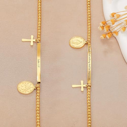 DS Women Christian Charm Bracelet,Cross Scripture Stainless Steel Jewelry - style: For with God nothing shall be impossible - Luke 1:37-Gold