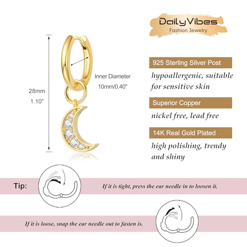 DAILY VIBES Cute Butterfly Star Cross Heart CZ Dangle Earrings for Women - color: Gold Moon CZ