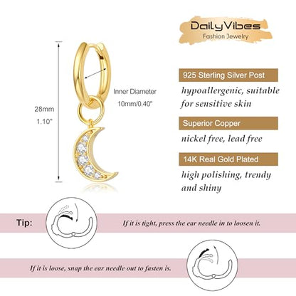 DAILY VIBES Cute Butterfly Star Cross Heart CZ Dangle Earrings for Women - color: Gold Moon CZ