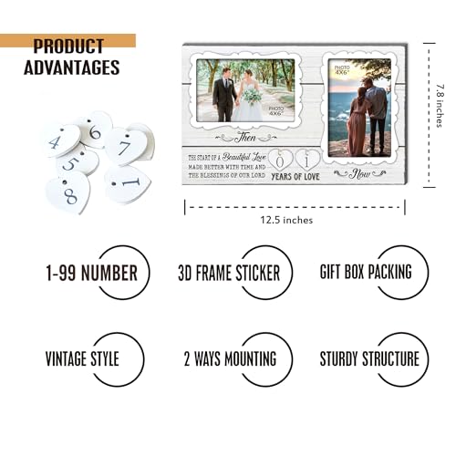 EXQUIDECA White Farmhouse Wife and Husband 2 Slot Picture Frame Holds 4X6 Inches Photos,1-99 Years of Love Anniversary Wedding Marriage Blessing Gifts for Couples - color: white - years of love frame