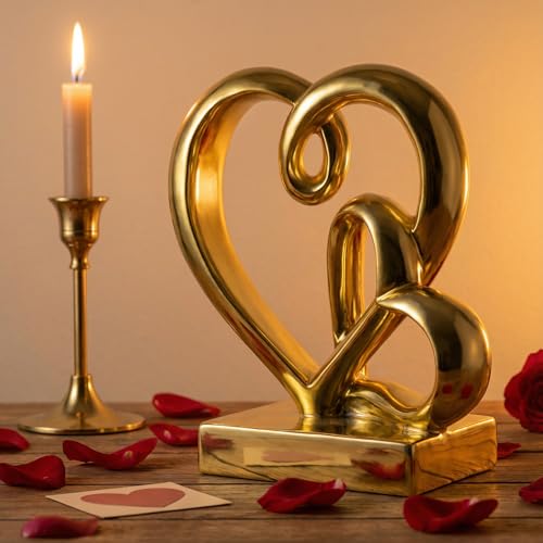 Anniversary Wedding Couples Gift Gold Hearts Resin Statue Decor - color: Gold