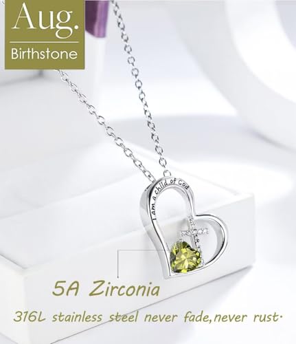 Birthstone Cross Necklace for Girls, Child of God Cross Gifts Jewelry - color: 08. August, style: 01. Silver