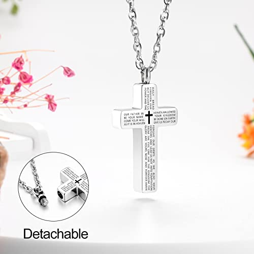 Cremation Cross Necklace for Ashes Stainless Steel Cross Urn Pendant Ashes Holder Memorial Jewelry-With Me Always - style: Lord's Prayer-Silver engraving