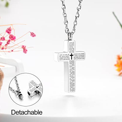 Cremation Cross Necklace for Ashes Stainless Steel Cross Urn Pendant Ashes Holder Memorial Jewelry-With Me Always - style: Lord's Prayer-Silver engraving