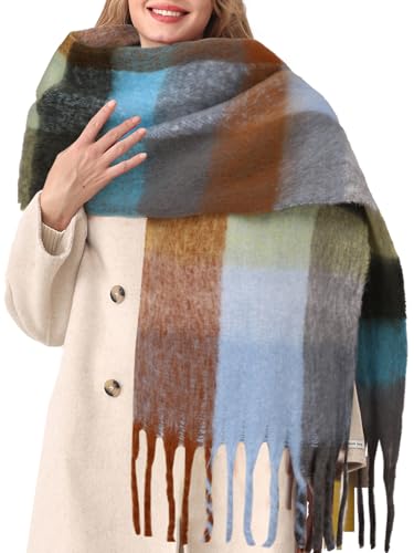 HOTIAN Women's Large Scarf Colorful Chunky Plaid Scarves Soft Winter Thick Tassel Warm Wrap Shawl - color: Light Blue Gray