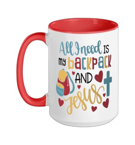All I Need Is My Backpack and Jesus School Christian Kids Ceramic Mug, Red/White, 15oz - color: Red/White, size: 15 Ounces