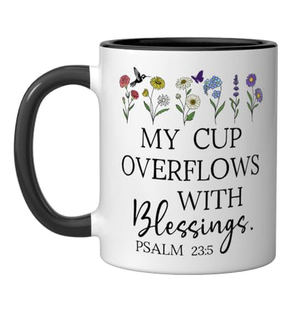 My Cup Overflows With Blessings Jesus Fills My Cup Christian Ceramic Mug, Black/White - color: Black/White, size: 11 Ounces