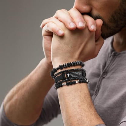 Mens Cross Bead Braided Genuine Leather Bracelet, Black Gemstone Agate Onyx Beaded Rosary Obsidian Bangle, Faith Religious Easter Catholic Christian Communion Baptism Christmas Jewelry Gift for Men - color: Set-Philippians 4:13
