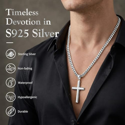 Sterling Silver Beveled Edge Cross Necklace for Men Women, S925 Cross Pendant with 5mm Cuban Chain, Non Tarnish Durable Stainless Steel Necklace, Silver Religious Jewelry, 16-30 Inch - color: Silver Cross Necklace, size: 16 in=41 cm