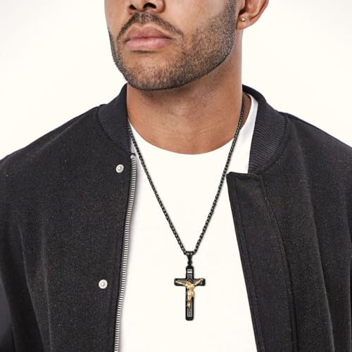 HZMAN Catholic Jesus Christ INRI Cross Crucifix Pendant Necklace for Men - color: Black