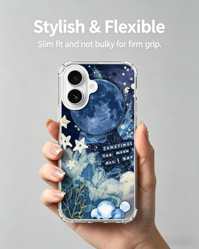 Blue Moon Sky Stars Aesthetic Phone Case Compatible with iPhone 17, Celestial Flowers Phone Cover for iPhone 17 - color: Blue Moon Sky