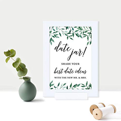 Andaz Press Framed Wedding Party Signs, Natural Greenery Green Leaves, 4x6-inch, Date Jar Share Your Best Date Idea with The New Mr. & Mrs. Sign, 1-Pack, Includes Reusable Photo Frame - color: Activities Date Jar