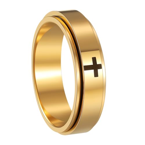Mens Fidget Rings Anxiety Ring for Men 6mm 8mm Chain Spinner Ring Size 5-14 - color: Jet Gold
