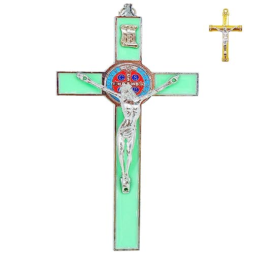 Jesus Crucifix Cross Metal Wall Decor,Saint Benedict Pendant Christian - color: Green