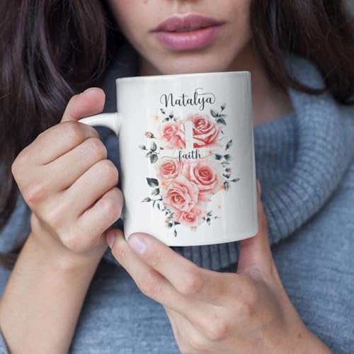 Customized Christian Mug With Name, Novelty Religious Gift, Floral Cross Ceramic Cup For Women Girls, Personalized Christian Faith Coffee Cup 11oz, Unique White Mug With Religious Theme - color: XUA-624-2300-Floral Cross