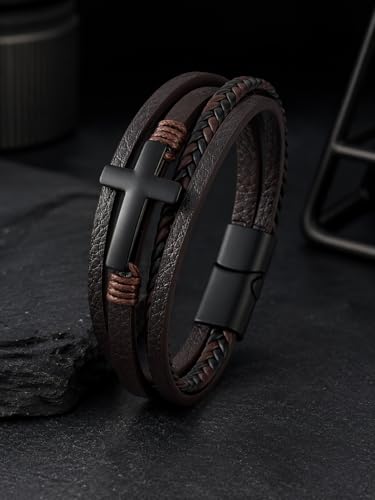 Mens Leather Cross Bracelet Braided Multi Layer Wristband with Stainless Steel Clasp - Christian Religious Gifts for Him(Brown/Black/Blue) - color: Brown, size: 8.3in(Fits most wrists)