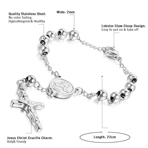 Cupimatch Religious Stainless Steel Beaded Rosary Cross Charm Bracelet for Men Women 8.6", Gold (Silver) for Mother's Day - color: Silver