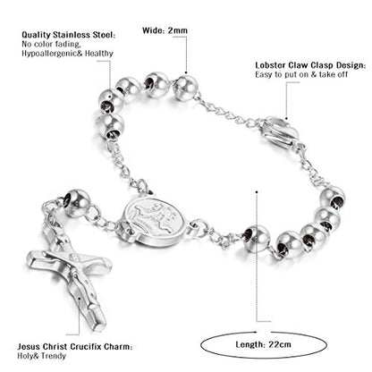 Cupimatch Religious Stainless Steel Beaded Rosary Cross Charm Bracelet for Men Women 8.6", Gold (Silver) for Mother's Day - color: Silver