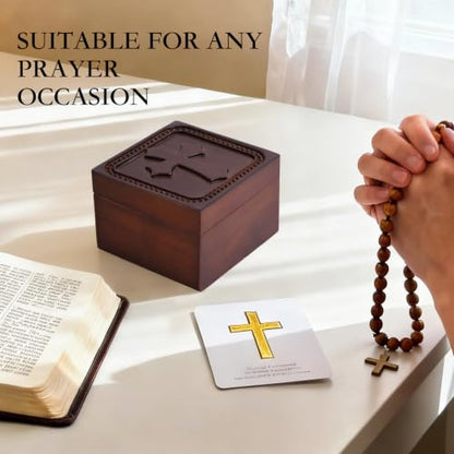 Wooden Cross Prayer Keepsake Box of Christian, Rosary Box for Religious Jewelry, Hand-Carved Catholic Rosary Holder Boxes Gifts for Women & Men, Baptism Communion Memorial Sympathy Gifts, No Card