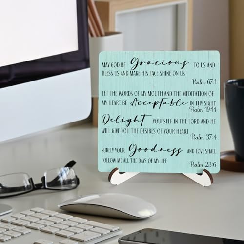 Blue-green Christian Wooden Sign Desk Decor, Inspirational Bible Verses Religious Wood Plaque Sign With Stand for Bedroom Home Office Desk Table Shelf Decoration, 5x5 Inch - color: Blue-green Faith, size: 5x5x1.1 in