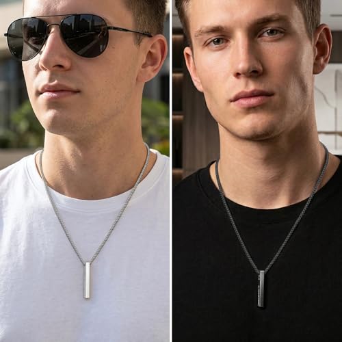 Romass 2Pcs Pendant Necklace for Men,Stainless Steel Silver Black Gold Bible Verse Chains for Men Vertical Bar Pendant Gifts Jewelry Box 16-24 Inches - size: 18 in, style: 2Pcs(silver+black) 1.6 "* 0.2'' pendant