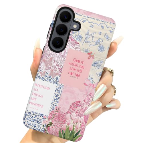 Compatible with Samsung Galaxy S26,2-in-1 Frosted Phone Cover Shockproof Case - Bible Verse Pink Tulip Flowers - color: Bible Verse Pink Tulip Flowers, size: Samsung Galaxy S26