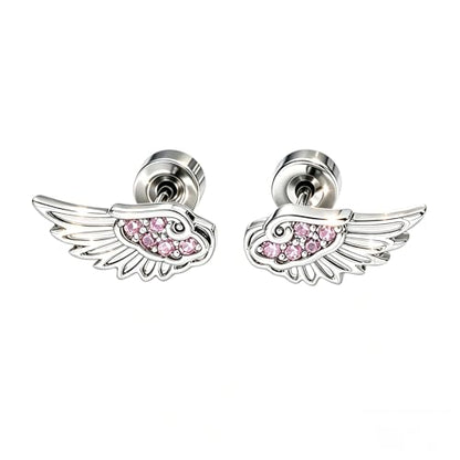 Angel Wing Earrings for Women Statement Flat Back Cartilage Stud Earrings Trendy Angel Wing Helix Piercing Stud Silver Cubic Zirconia Earring Jewelry Accessories - color: Hot Pink