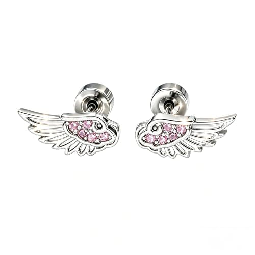 Angel Wing Earrings for Women Statement Flat Back Cartilage Stud Earrings Trendy Angel Wing Helix Piercing Stud Silver Cubic Zirconia Earring Jewelry Accessories - color: Hot Pink