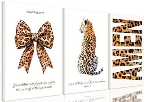 3Pcs Trendy Leopard Canvas Wall Art, Funky Inspirational Bible Quotes Lucky Bow Posters Prints Preppy Room Aesthetic Cheetah Wall Decor Pictures for Bedroom bathroom livingroom office16x24in Framed - color: Biblical Cheetah canvas, size: 24"Lx16"W