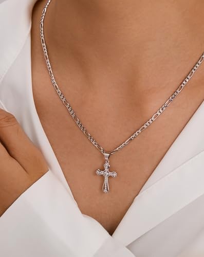 14K Gold Plated Cross Necklace for Women, Cubic Zirconia Copper Cross Pendant, Valentine Mother's Day Gifts for Her with Jewelry Box Figaro Link Chain, Alloy Infinity CZ Diamond Bridal Wedding - color: Silver