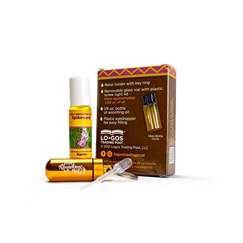 Spikenard Anointing Oil from Israel Boxed Gift Set with Dispenser, Holy Jerusalem Oil & Gold Metal Keychain Bottle Container, Plastic Dropper & Small Glass Vial, Aceite Ungido y Botella - color: Gold, style: Spikenard