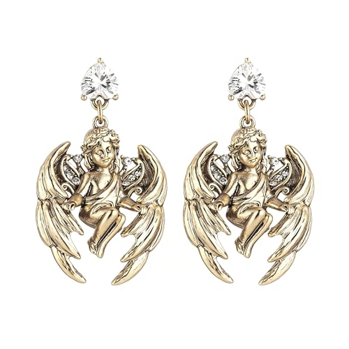 HZMAN Vintage Angel Dangle Earrings for Women, Brass Drop Earrings with Pear Cut Cubic Zirconia, Retro Baroque Religious Jewelry Gift