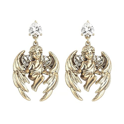 HZMAN Vintage Angel Dangle Earrings for Women, Brass Drop Earrings with Pear Cut Cubic Zirconia, Retro Baroque Religious Jewelry Gift