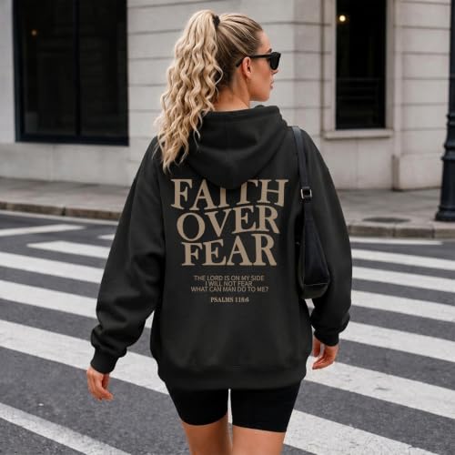 Wrenpies Faith Over Fear Hoodie for Women Christian Jesus Bible Verse Sweatshirt God Religious Oversized Tops - color: Black, size: Medium