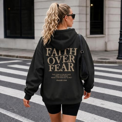 Wrenpies Faith Over Fear Hoodie for Women Christian Jesus Bible Verse Sweatshirt God Religious Oversized Tops - color: Black, size: Medium