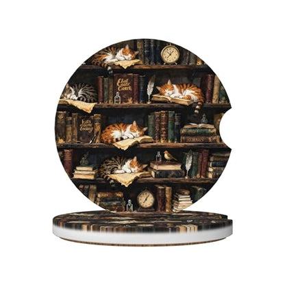 Cat Library Bookshelf Car Cup Holder Coasters 2 Pack 2.63" for Women - color: Beige