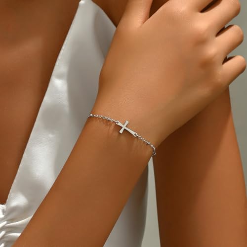 18K Gold Plated Pearl Beaded Cross Bracelets for Women Adjustable - color: Satellite Cross-White Gold