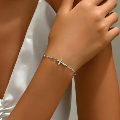 18K Gold Plated Pearl Beaded Cross Bracelets for Women Adjustable - color: Satellite Cross-White Gold